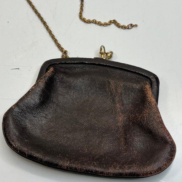 Vintage Brown Leather Kiss Lock Coin Purse Gold Chain Mini Clutch Wallet